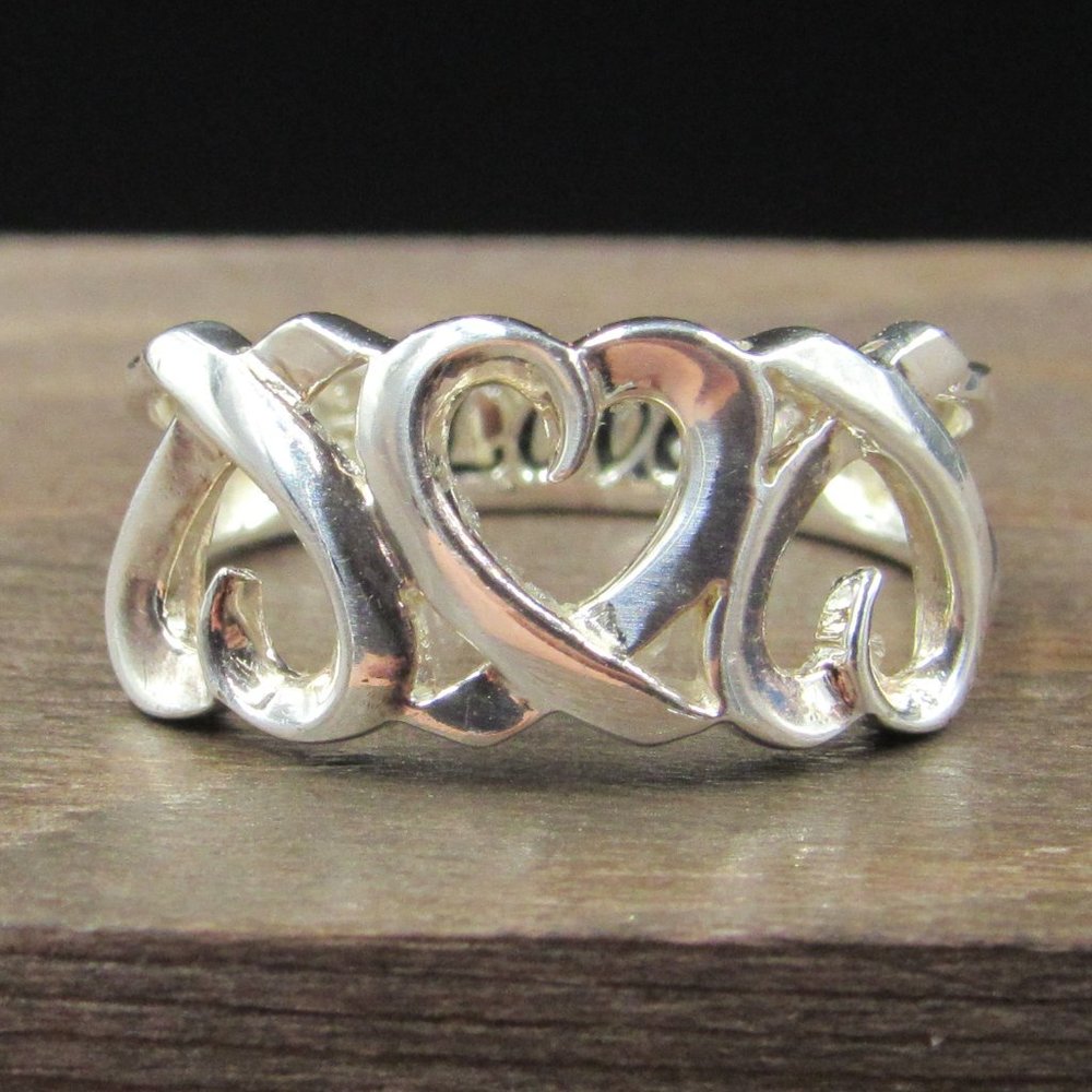 Size 6.25 Sterling Silver Fancy Triple Heart Love Band Ring Vintage